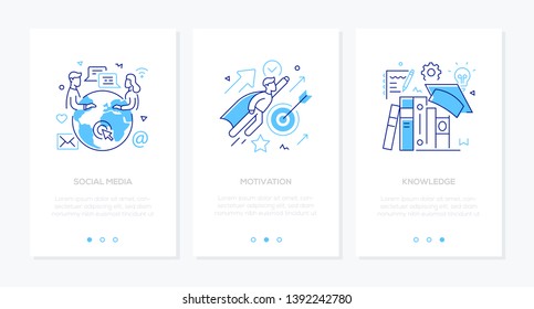 Business And Education - Set Of Line Design Style Vertical Web Banners With Copy Space For Text. Images Of A Globe, People Chatting, Businessman, Books. Social Media, Motivation, Knowledge Concepts