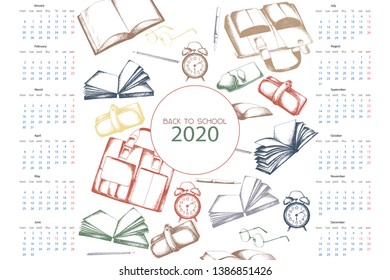 Business- education sketch, color outlines 2020 Calendar template, 12 Months. Yearly planner stationery universal, classic design