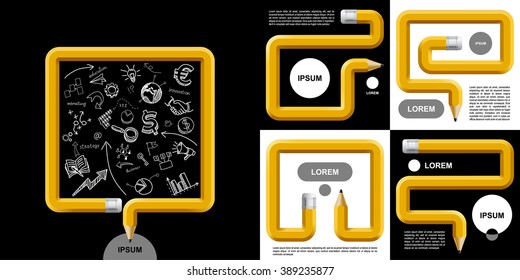 Business and Education Template with pencils curved in different forms with places for text on black and white. Conceptual vector design