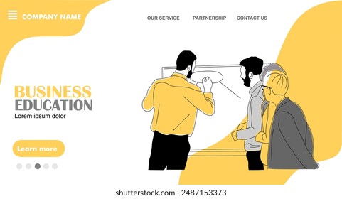 Business education, training, coaching concept landing page. Website template with business man doing presentation. Flat graphic outline sketch vector illustration. Hand drawn, not AI generated.