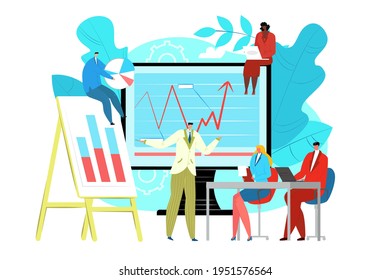 Concepto de educación y capacitación empresarial, ilustración vectorial. La gente estudia personajes en un curso plano en la oficina, adquiere habilidades para el trabajo financiero.