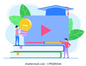 Business education and training with video tutorials. Media seminars, distance learning classes. Vector illustrations for presentations, applications, web, social media.