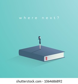 Business and education vector concept with business woman standing on a book. Symbol of career opportunity, challenge, studies. Eps10 vector illustration.