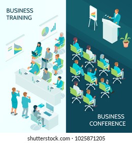 Business education vertical isometric banners with lecturer and auditorium during conference and corporate training isolated vector illustration