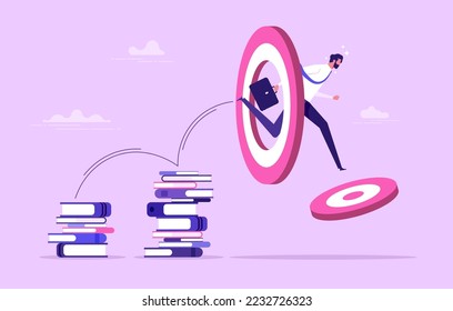 Business education is the way to the goal. Successful businessman on stacks of books, staff training and specialization, knowledge support. New opportunities. Vector concept