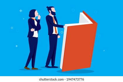 Business educational training - Businessman and woman reading book and educating them self in business. Vector illustration.