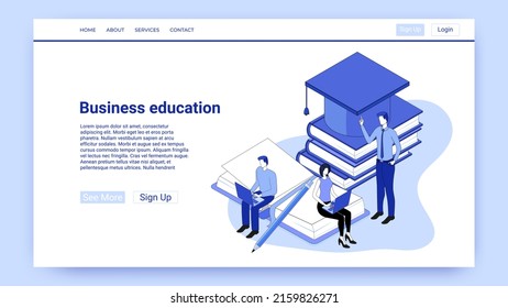 Business Education.People Take Professional Development Courses, Online Training And Distance Learning.An Illustration In The Style Of The Landing Page Is Blue.