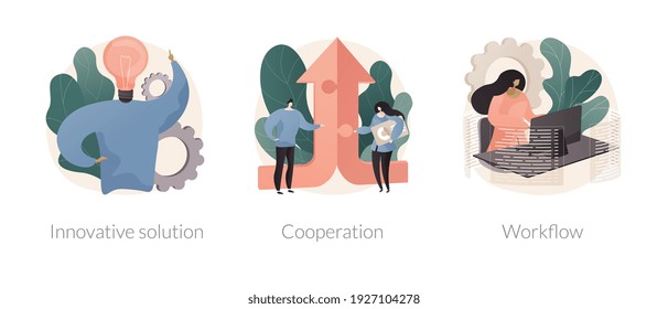 Business efficiency abstract concept vector illustration set. Innovative solution, cooperation and workflow, idea management and productivity software, team communication, teamwork abstract metaphor.