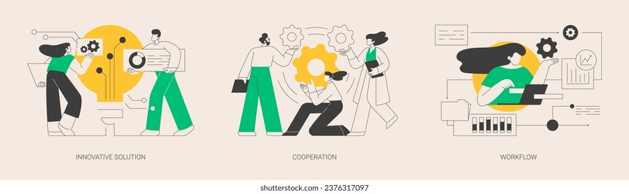 Business efficiency abstract concept vector illustration set. Innovative solution, cooperation and workflow, idea management and productivity software, team communication, teamwork abstract metaphor.