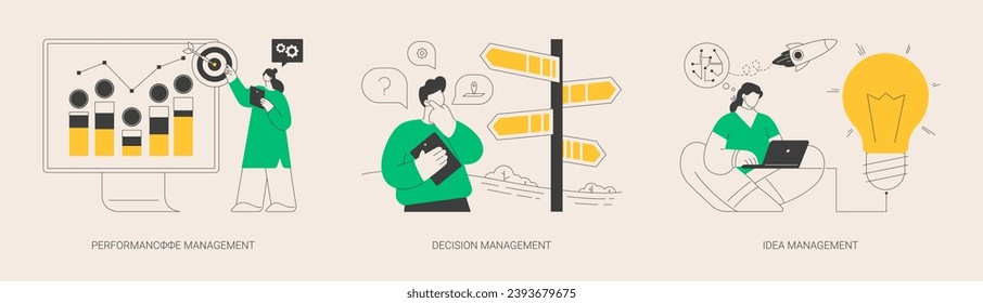 Business efficiency abstract concept vector illustration set. Performance management, decision-making, new idea development, employee productivity, enterprise analysis software abstract metaphor.