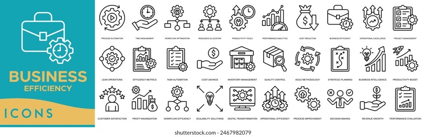 Business Efficiency icon set. Process Automation, Time Management, Workflow Optimization, Resource Allocation, Productivity Tools, Performance Analytics and Cost Reduction