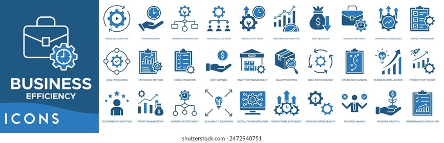 Conjunto de iconos de eficiencia empresarial. Automatización de procesos, gestión del tiempo, optimización de flujos de trabajo, asignación de recursos, herramientas de productividad, análisis de rendimiento y reducción de costes