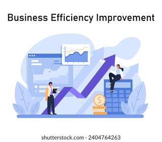 Business Efficiency Improvement spotlighted. Professionals analyze a growth chart, with rising trends and coin stack. Aiming for higher profits and enhanced performance. Flat vector.