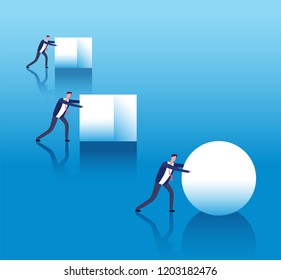 Business efficient concept. Businessmen push boxes and smart leader rolls ball. Business innovation and strategy thinking vector poster. Illustration of efficiency work and performance