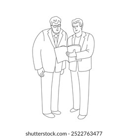 Empresário idoso e jovem homem de pé e conversando. Ilustração isolada de vetor no estilo de arte em linha