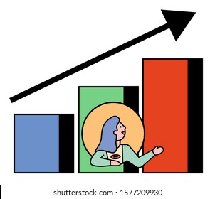 Business element presentation report of growth graph with woman character avatar icon. Success of work rising arrow and colorful steps of chart on white. Presenter or businesswoman and profit vector