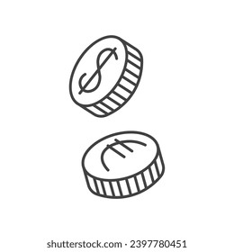 Elemento de negocio de conjunto en diseño de línea negra. Un esquema negro ilustrativo de monedas dispersas representa el aspecto financiero del tema de negocios y las transacciones económicas. Ilustración vectorial.