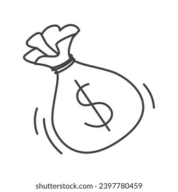 Elemento de negocio de conjunto en diseño de línea negra. Una representación negra de una bolsa de dinero representa los aspectos financieros del mundo empresarial y la acumulación de riqueza. Ilustración vectorial.