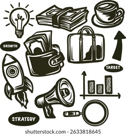 Business element set with hand drawn doodle  style perfect to presentations, marketing materials, infographics, posters, stationery, websites, and other creative projects business and entrepreneurship
