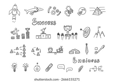 Business elements in doodle style. Success, startup, team, good idea, creative, plan.	