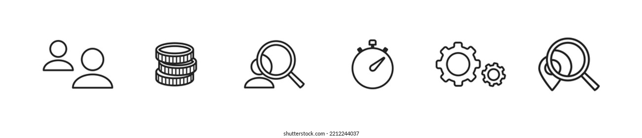 Business elements icon set. Staff, coins, timer, gear, search, location, adress signs. Communication concpept. Finance savings symbol. Vector illustration. 