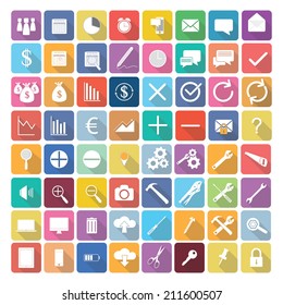 Business elements icons in flat design with long shadows