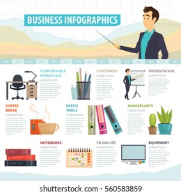 Business elements infographic template with office stationery equipment furniture and tools vector illustration