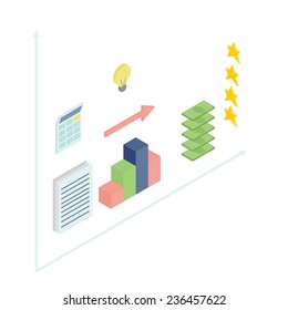 Business elements for infographics, isometric flat. Schedule, cubes, calculator, documents, light, money, stars.