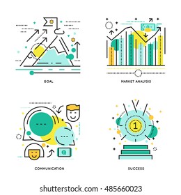 Business elements linear compositions with market analysis and goal communications and success isolated vector illustration