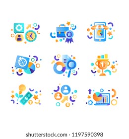 Business elements, office equipment, management, finance, strategy, marketing symbols vector Illustration on a white background