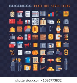 Business elements pixel art 80s style icons set , office equipment and marketing items, banking accounting and money objects, finance. Gold bullion and dollar sign. Isolated vector illustration. 8-bit