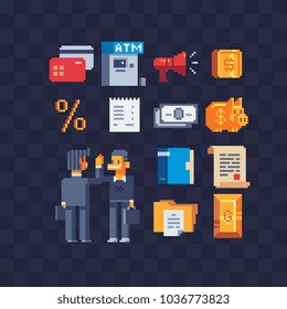 Business elements pixel art icons set , businessmen bargaining characters and marketing items, banking accounting and money objects. Gold bullion and dollar sign. Isolated vector illustration.