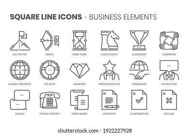 Business elements related, pixel perfect, editable stroke, up scalable square line vector icon set.