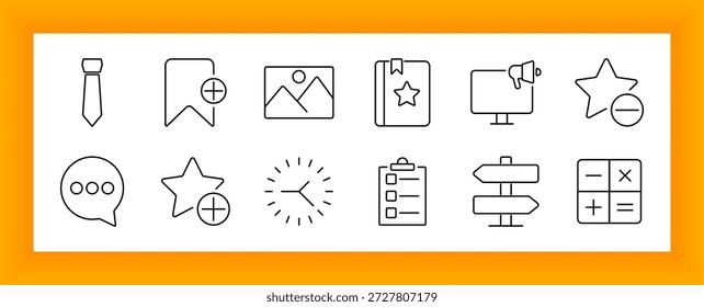 Icono de conjunto de Elementos de negocios. Corbata, marcador, Imagen, libro, cartelera, estrella, comentario, reloj, lista de verificación, señalización e íconos de la calculadora vinculados al trabajo, la marca y la planificación.