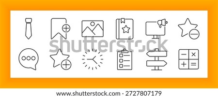 Business elements set icon. Necktie, bookmark, image, book, billboard, star, comment, clock, checklist, signpost, and calculator icons linked to work, branding, and planning.