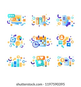 Business elements set, office tools, management, finance, strategy, marketing symbols vector Illustration on a white background