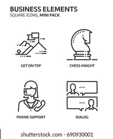 Business elements, square mini icon set. The illustrations are a vector, editable stroke, thirty-two by thirty-two matrix grid, pixel perfect files. Crafted with precision and eye for quality.