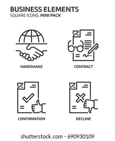 Business elements, square mini icon set. The illustrations are a vector, editable stroke, thirty-two by thirty-two matrix grid, pixel perfect files. Crafted with precision and eye for quality.