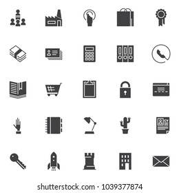 Business elements vector icons set, modern solid symbol collection, filled style pictogram pack. Signs, logo illustration. Set includes icons as Orator speaking from tribune, Hand gesture, certificate