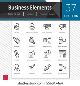 Business elements vector icons set on white background.  Premium quality outline symbol collection. Stroke vector logo concept, web graphics.
