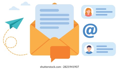 Business email communication illustration featuring envelope message contact profiles and paper airplane designed for digital correspondence marketing customer support online messaging and modern office communication resources