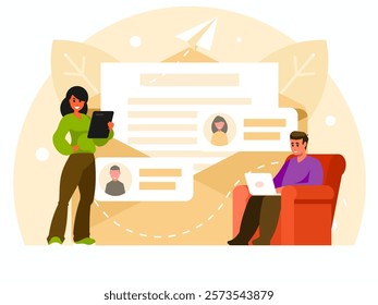 Business email correspondence. Woman with tablet. Female character in suit holding tablet. A programmer sitting in a chair and working at a laptop. Email marketing campaign. Vector graphics