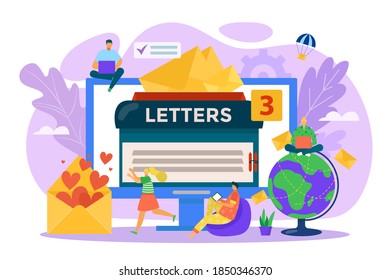 Business-E-Mail auf Internethintergrund, Nachrichtenbrief für flache Menschen, Vektorgrafik. Entwickeln Sie Icon-Mail-Technologie auf dem Computerbildschirm. Online-Kommunikationskonzept, Schreiben senden.