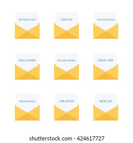 Business email. Business letters collection. Business message. We are hiring, join us, we need you, job offer and job vacancy. Vector Illustration.