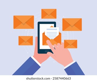 business email marketing design concept. flat vector design hand hold mobile and touch open email