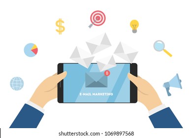Business e-mail marketing. Promoting business on smartphone.