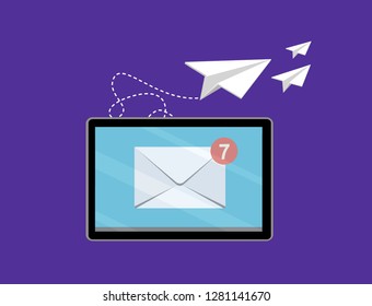 Business e-mail marketing. Promoting business on tablet. Vector illustration.