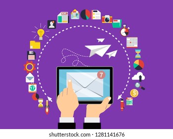 Business e-mail marketing. Promoting business on tablet. Vector illustration.