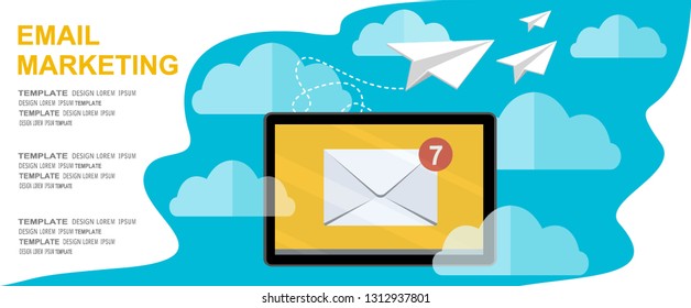 Business e-mail marketing. Promoting business on tablet. Vector illustration.