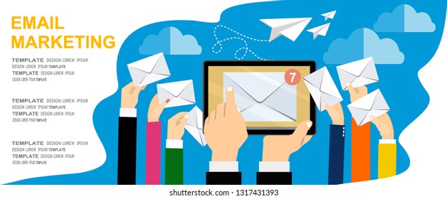 Business e-mail marketing. Promoting business on tablet. Vector illustration.